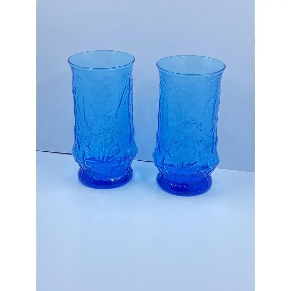 Vintage Anchor Hocking Blue Rain flower 12 oz Glass Tumblers 5 1/2